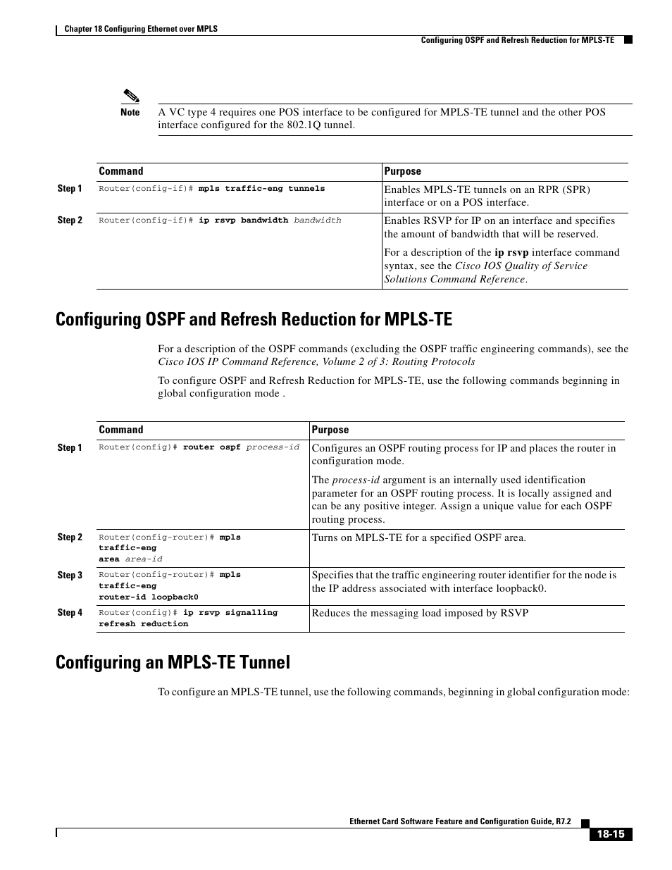 Configuring ospf and refresh reduction for mpls-te, Configuring an mpls-te tunnel | Cisco 15327 User Manual | Page 307 / 584