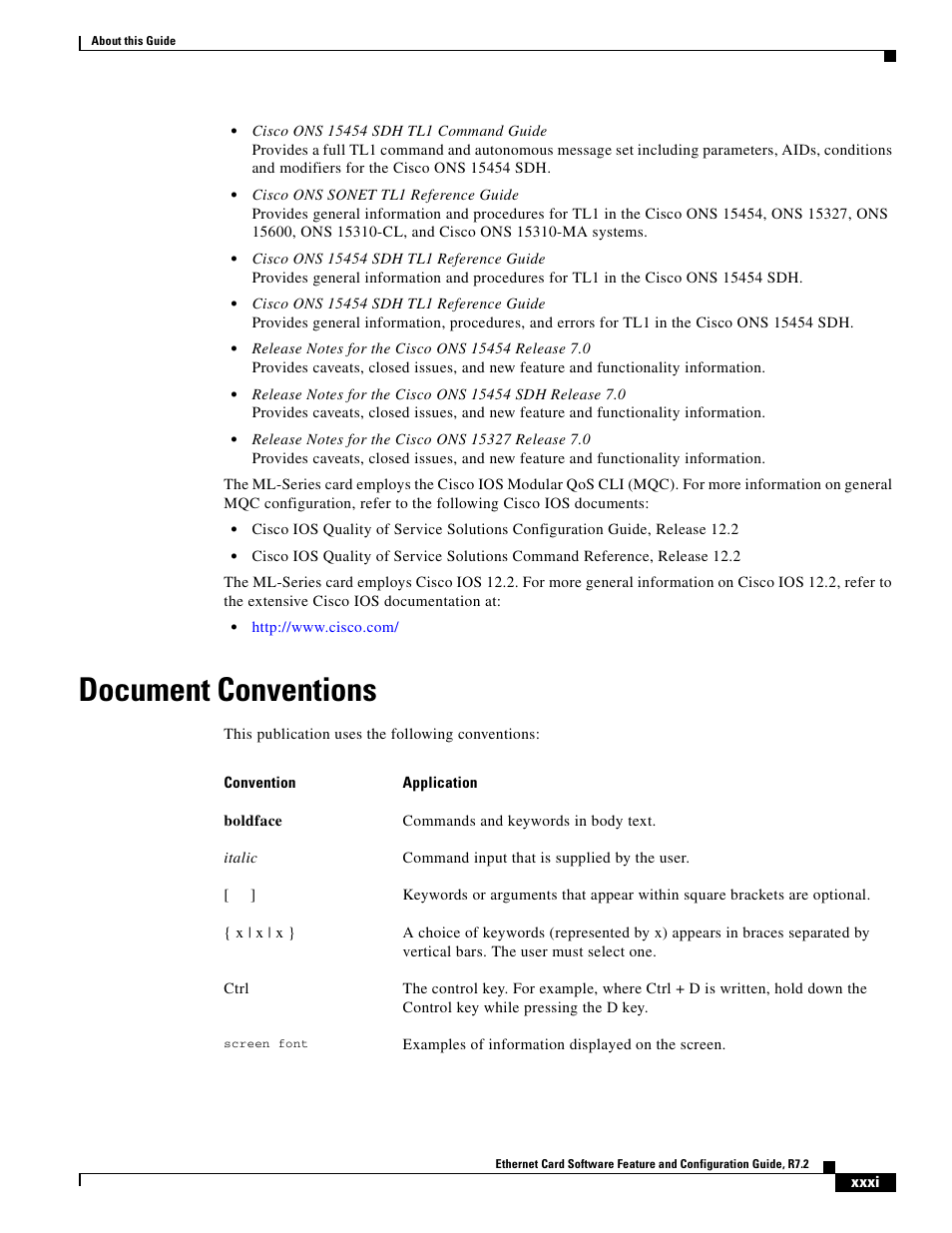 Document conventions | Cisco 15327 User Manual | Page 31 / 584