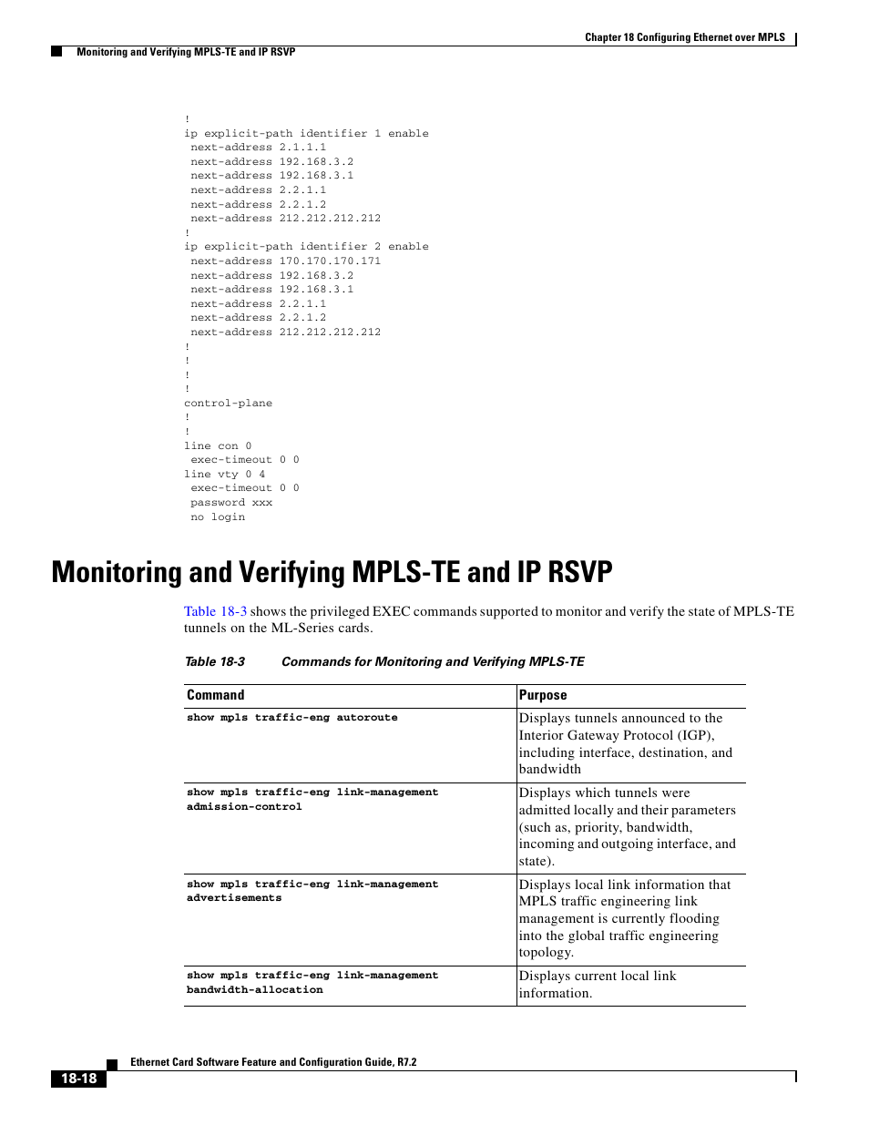 Monitoring and verifying mpls-te and ip rsvp, Table 18-3 | Cisco 15327 User Manual | Page 310 / 584