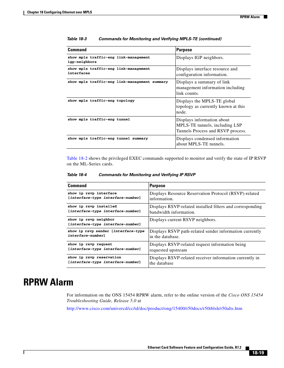 Rprw alarm, Table 18-4 | Cisco 15327 User Manual | Page 311 / 584