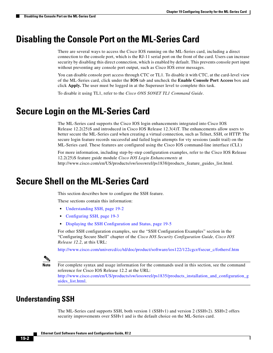 Disabling the console port on the ml-series card, Secure login on the ml-series card, Secure shell on the ml-series card | Understanding ssh | Cisco 15327 User Manual | Page 314 / 584