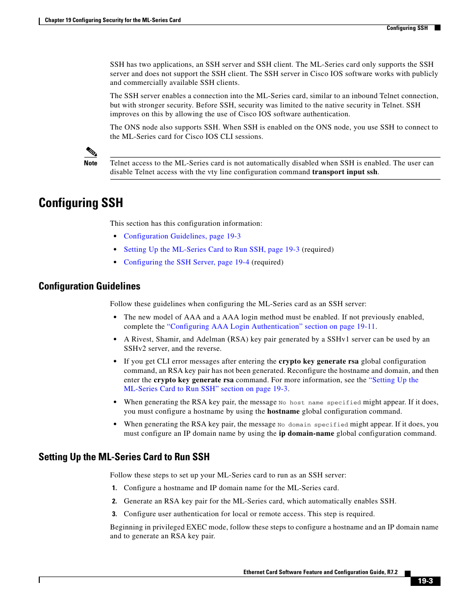 Configuring ssh, Configuration guidelines, Setting up the ml-series card to run ssh | Cisco 15327 User Manual | Page 315 / 584