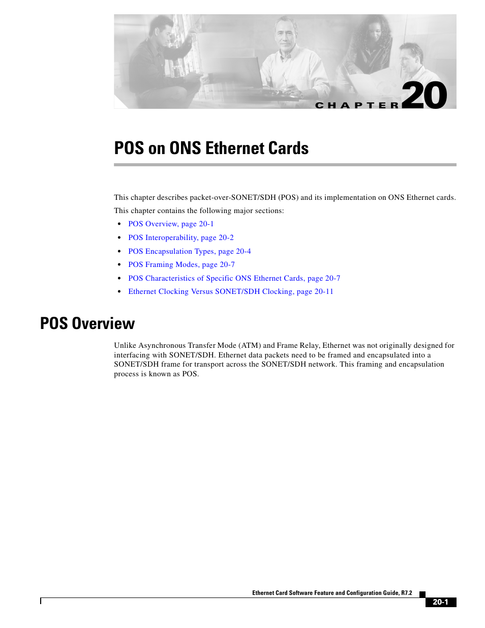 Pos on ons ethernet cards, Pos overview, C h a p t e r | Chapter 20, “pos on ons ethernet cards, Chapter 20, Chapter 20, “pos on ons ethernet, Cards | Cisco 15327 User Manual | Page 333 / 584