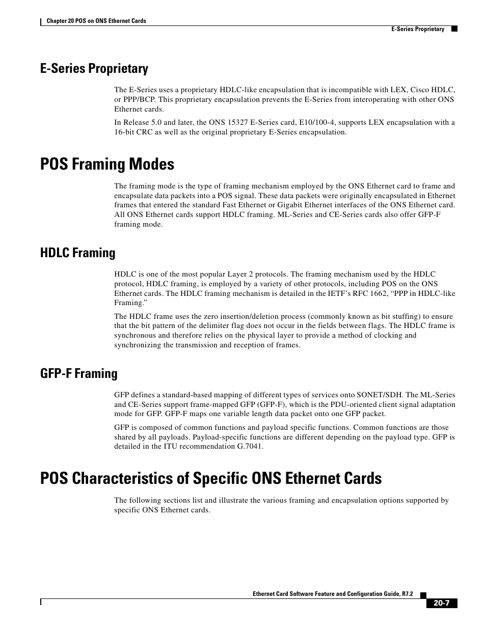 E-series proprietary, Pos framing modes, Hdlc framing | Gfp-f framing, Pos characteristics of specific ons ethernet cards | Cisco 15327 User Manual | Page 339 / 584