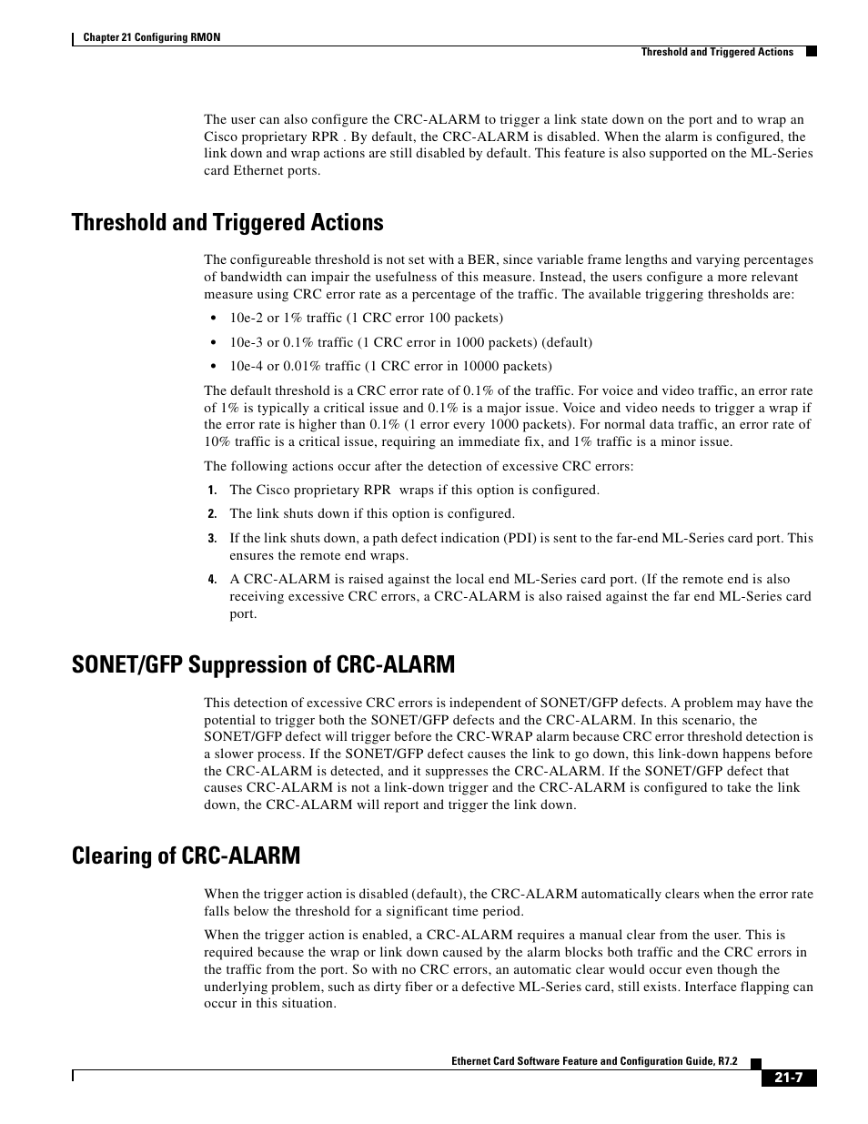 Threshold and triggered actions, Sonet/gfp suppression of crc-alarm, Clearing of crc-alarm | Cisco 15327 User Manual | Page 351 / 584