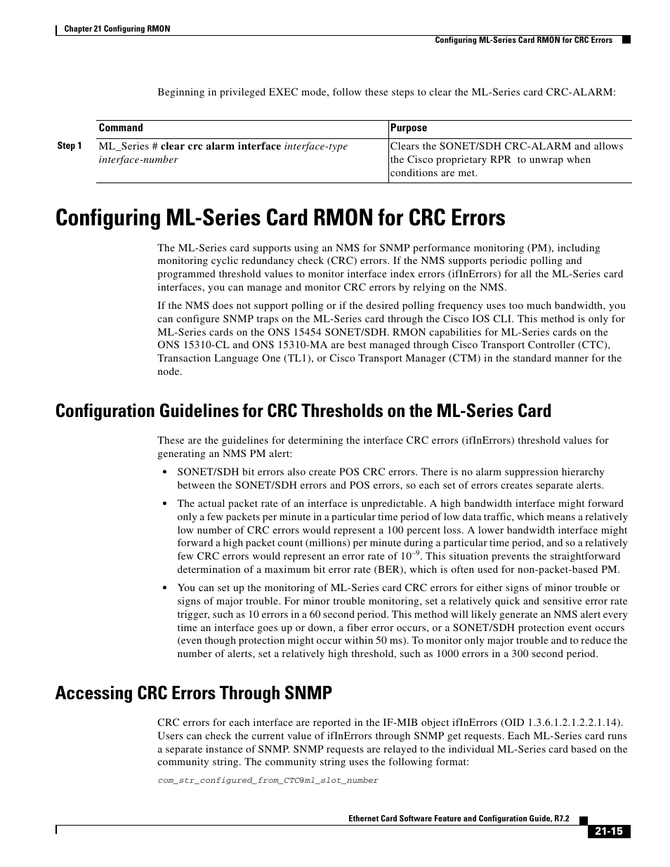 Configuring ml-series card rmon for crc errors, Accessing crc errors through snmp | Cisco 15327 User Manual | Page 359 / 584