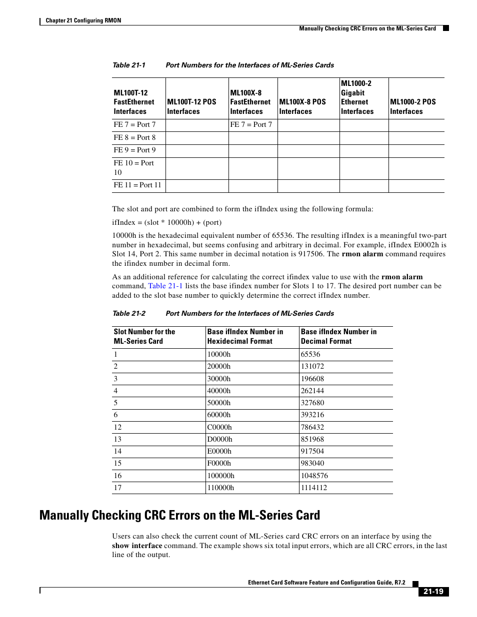 Manually checking crc errors on the ml-series card, Table 21-2 | Cisco 15327 User Manual | Page 363 / 584