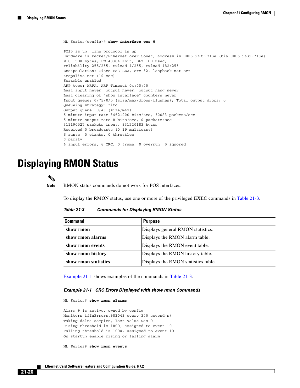 Displaying rmon status, Table 21-3 | Cisco 15327 User Manual | Page 364 / 584