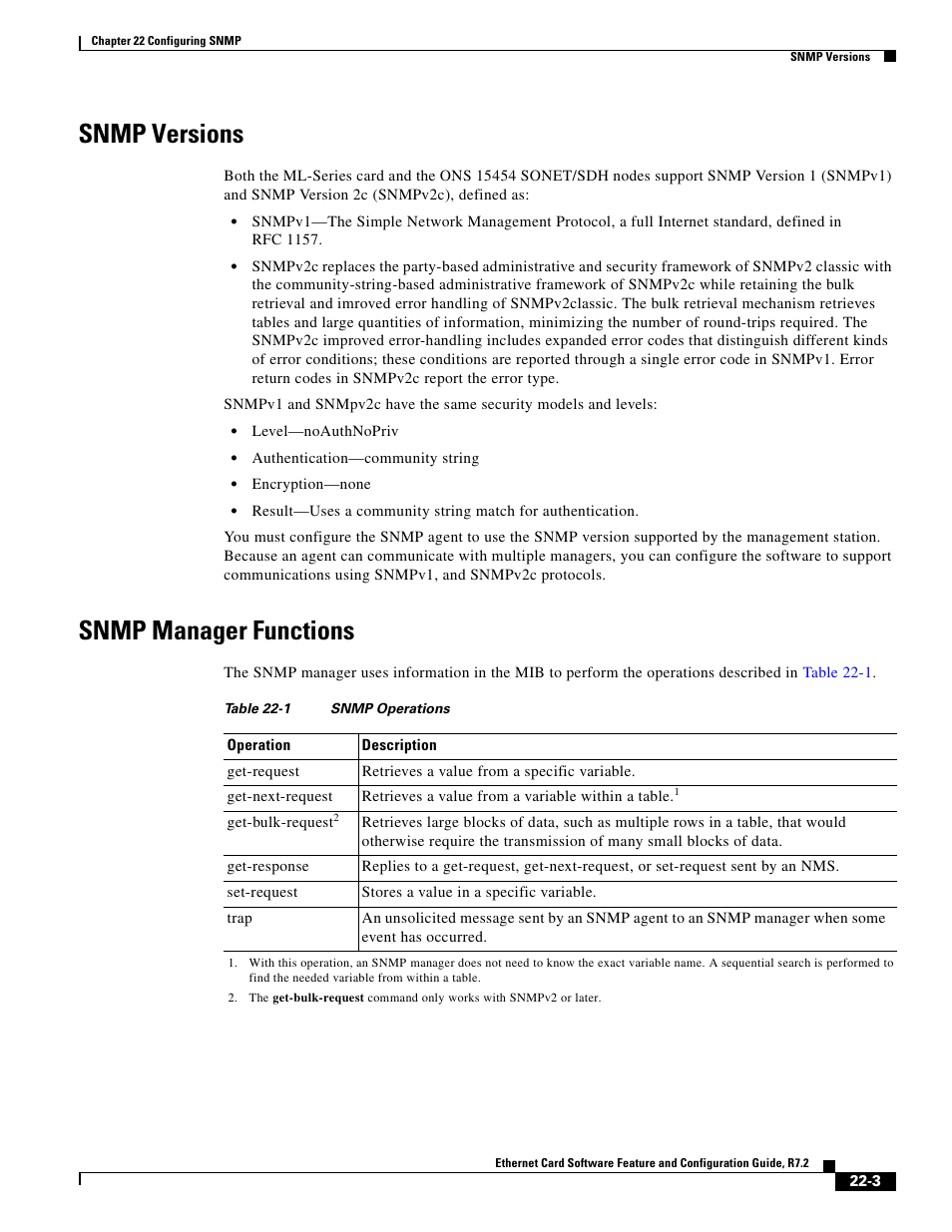 Snmp versions, Snmp manager functions, Table 22-1 | Cisco 15327 User Manual | Page 369 / 584