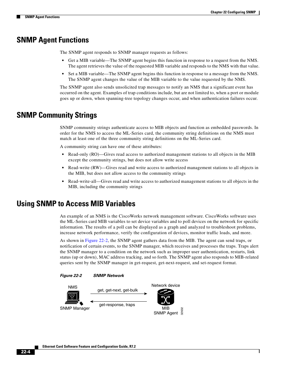 Snmp agent functions, Snmp community strings, Using snmp to access mib variables | Figure 22-2 | Cisco 15327 User Manual | Page 370 / 584