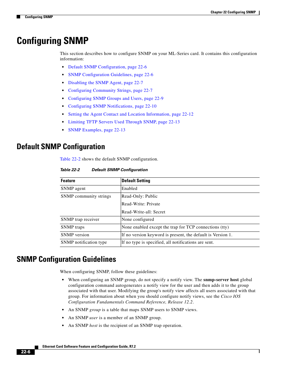 Configuring snmp, Default snmp configuration, Snmp configuration guidelines | Table 22-2 | Cisco 15327 User Manual | Page 372 / 584