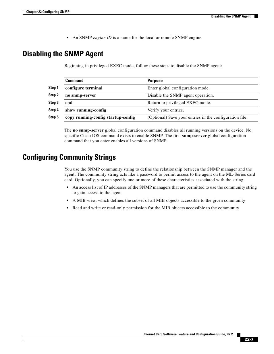 Disabling the snmp agent, Configuring community strings | Cisco 15327 User Manual | Page 373 / 584