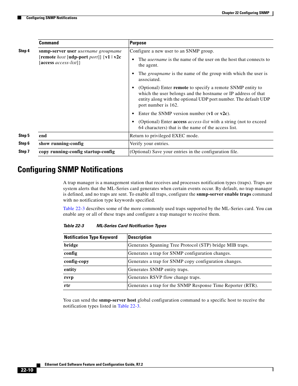 Configuring snmp notifications, Table 22-3 | Cisco 15327 User Manual | Page 376 / 584