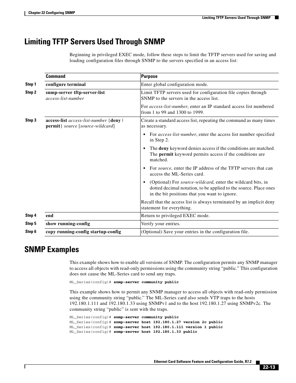 Limiting tftp servers used through snmp, Snmp examples | Cisco 15327 User Manual | Page 379 / 584