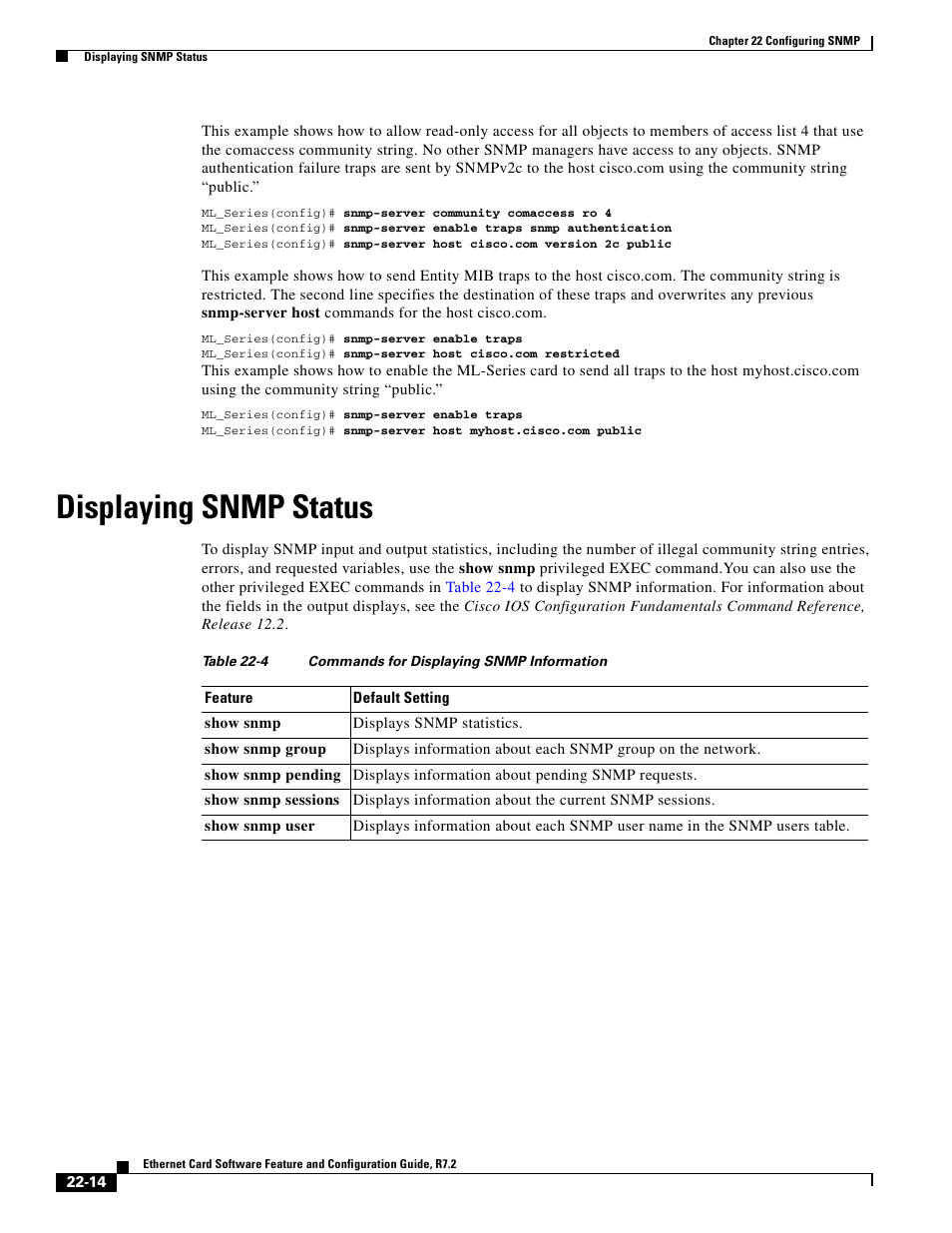 Displaying snmp status, Table 22-4 | Cisco 15327 User Manual | Page 380 / 584