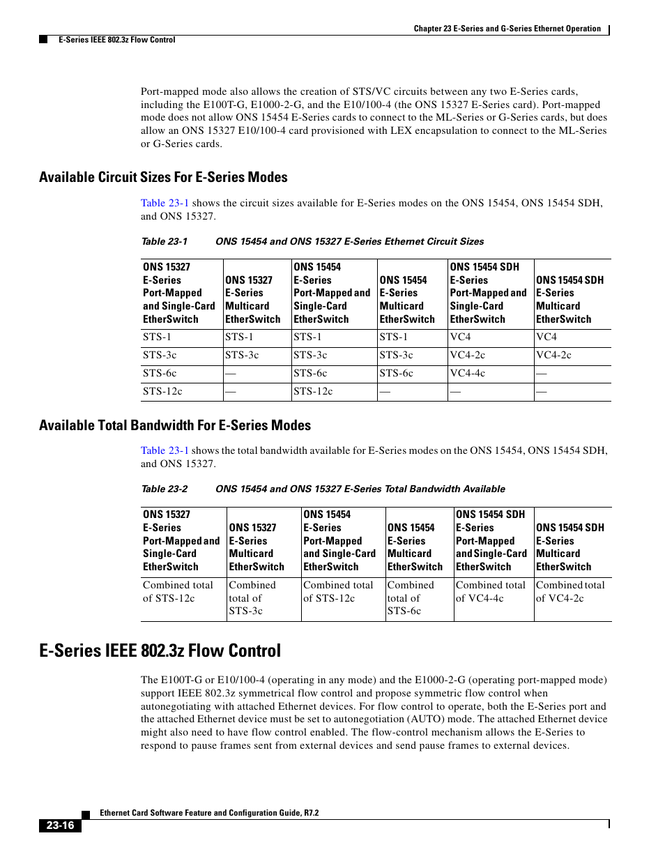 Available circuit sizes for e-series modes, Available total bandwidth for e-series modes, E-series ieee 802.3z flow control | Table 23-1, Table 23-2 | Cisco 15327 User Manual | Page 396 / 584