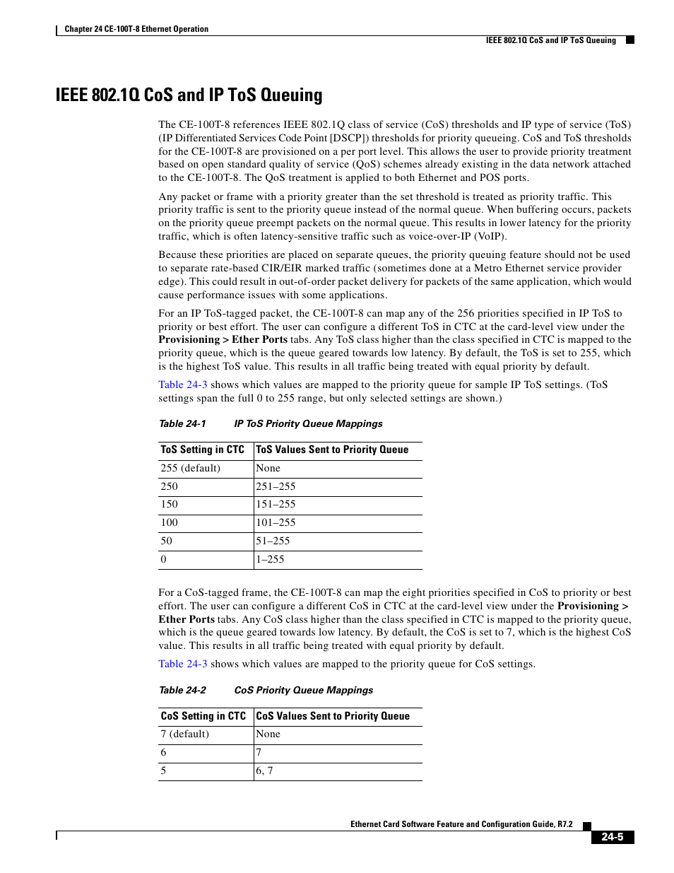 Ieee 802.1q cos and ip tos queuing, Table 24-1, Table 24-2 | Cisco 15327 User Manual | Page 413 / 584