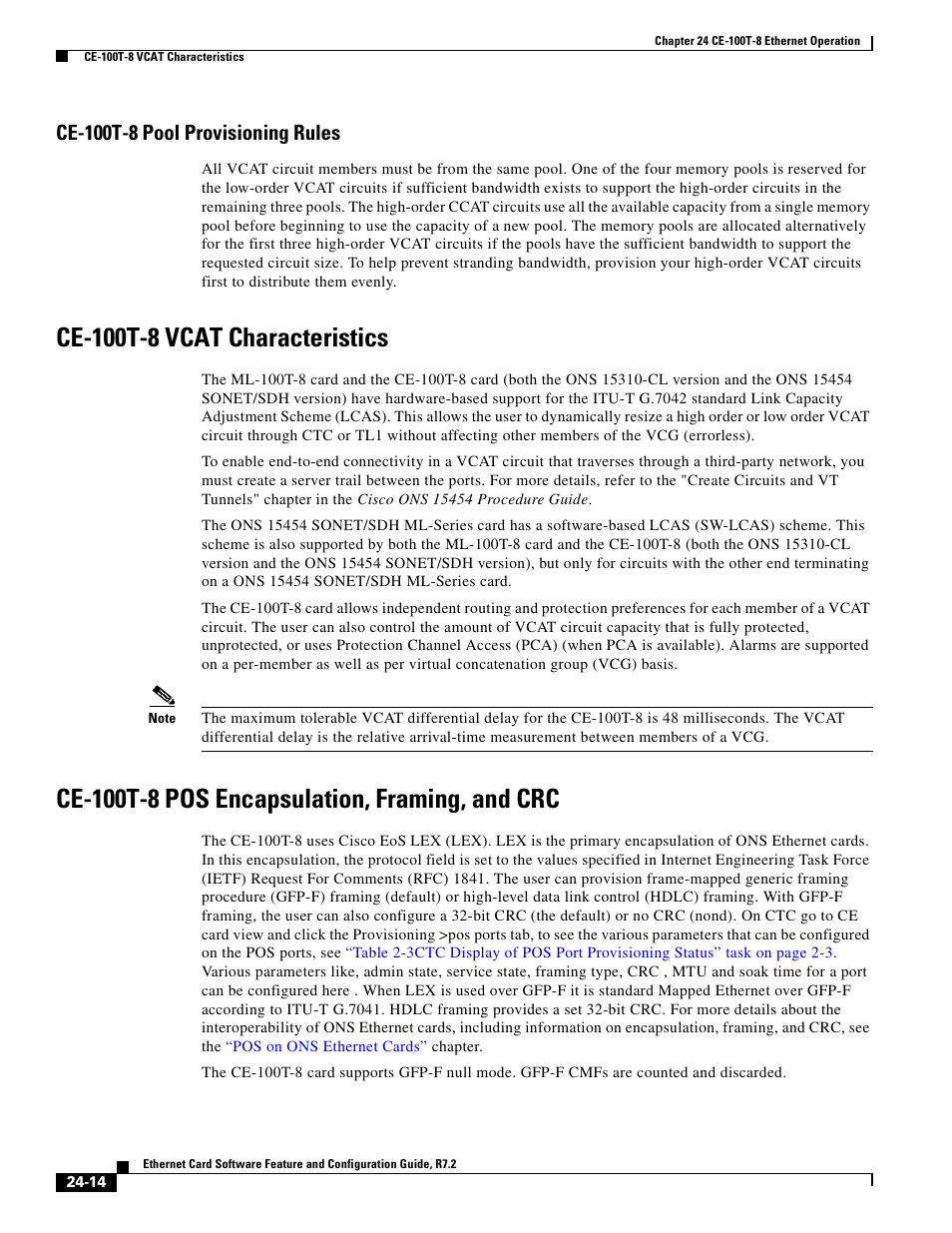 Ce-100t-8 pool provisioning rules, Ce-100t-8 vcat characteristics, Ce-100t-8 pos encapsulation, framing, and crc | Cisco 15327 User Manual | Page 422 / 584