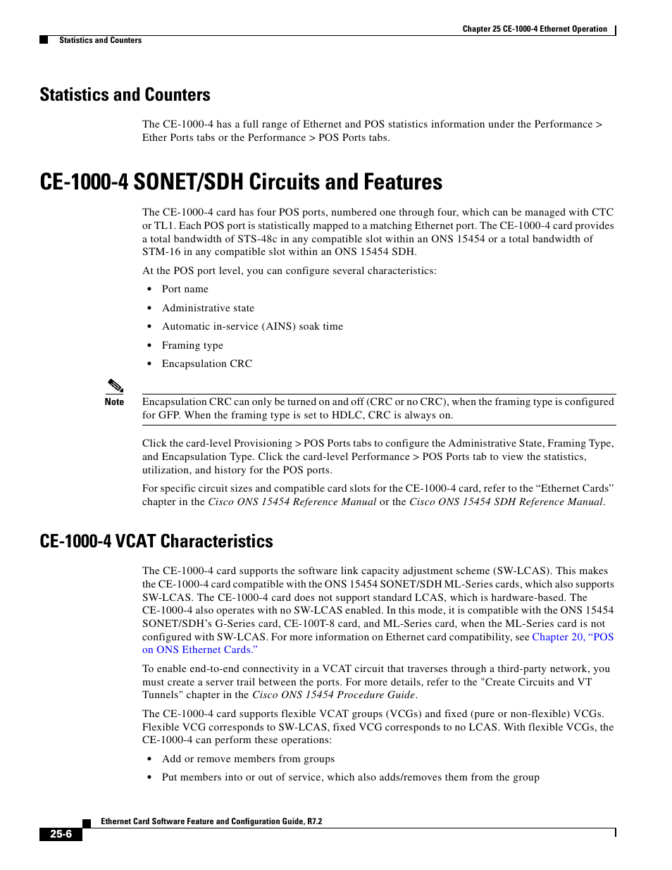 Statistics and counters, Ce-1000-4 sonet/sdh circuits and features, Ce-1000-4 vcat characteristics | Cisco 15327 User Manual | Page 430 / 584