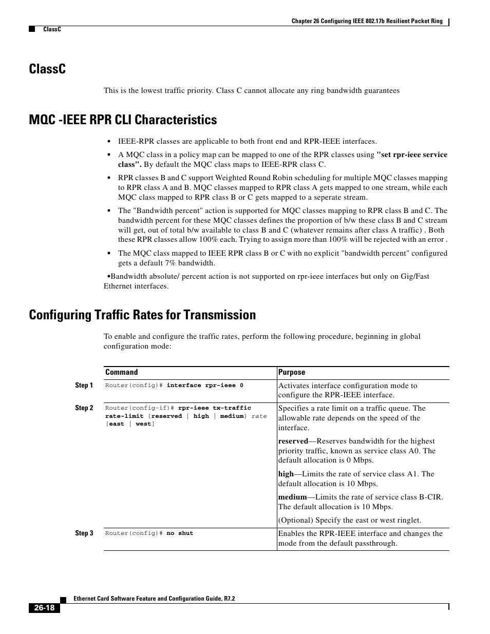 Classc, Mqc -ieee rpr cli characteristics, Configuring traffic rates for transmission | Cisco 15327 User Manual | Page 450 / 584