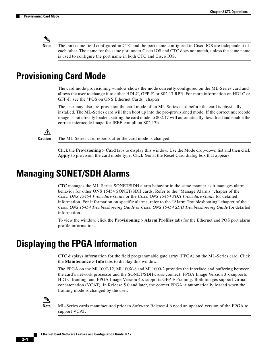 Provisioning card mode, Managing sonet/sdh alarms, Displaying the fpga information | Cisco 15327 User Manual | Page 48 / 584