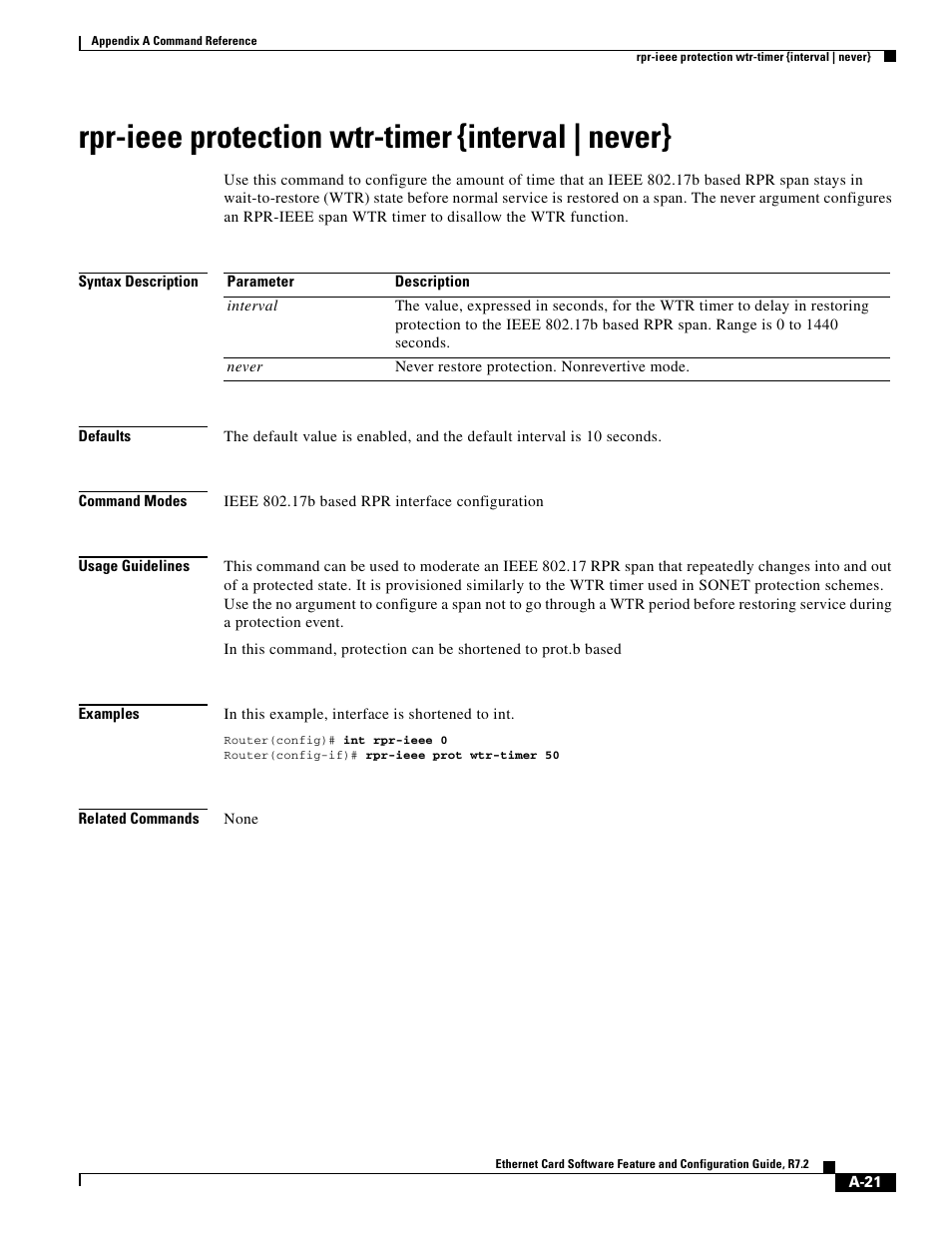 Rpr-ieee protection wtr-timer {interval | never | Cisco 15327 User Manual | Page 495 / 584