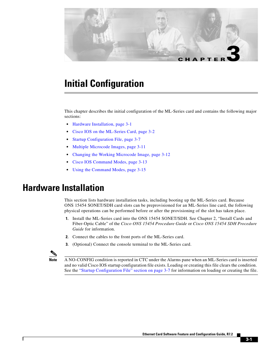 Initial configuration, Hardware installation, C h a p t e r | Chapter 3, “initial configuration | Cisco 15327 User Manual | Page 51 / 584