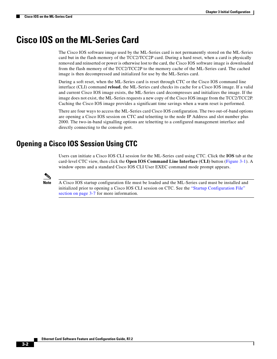 Cisco ios on the ml-series card, Opening a cisco ios session using ctc | Cisco 15327 User Manual | Page 52 / 584