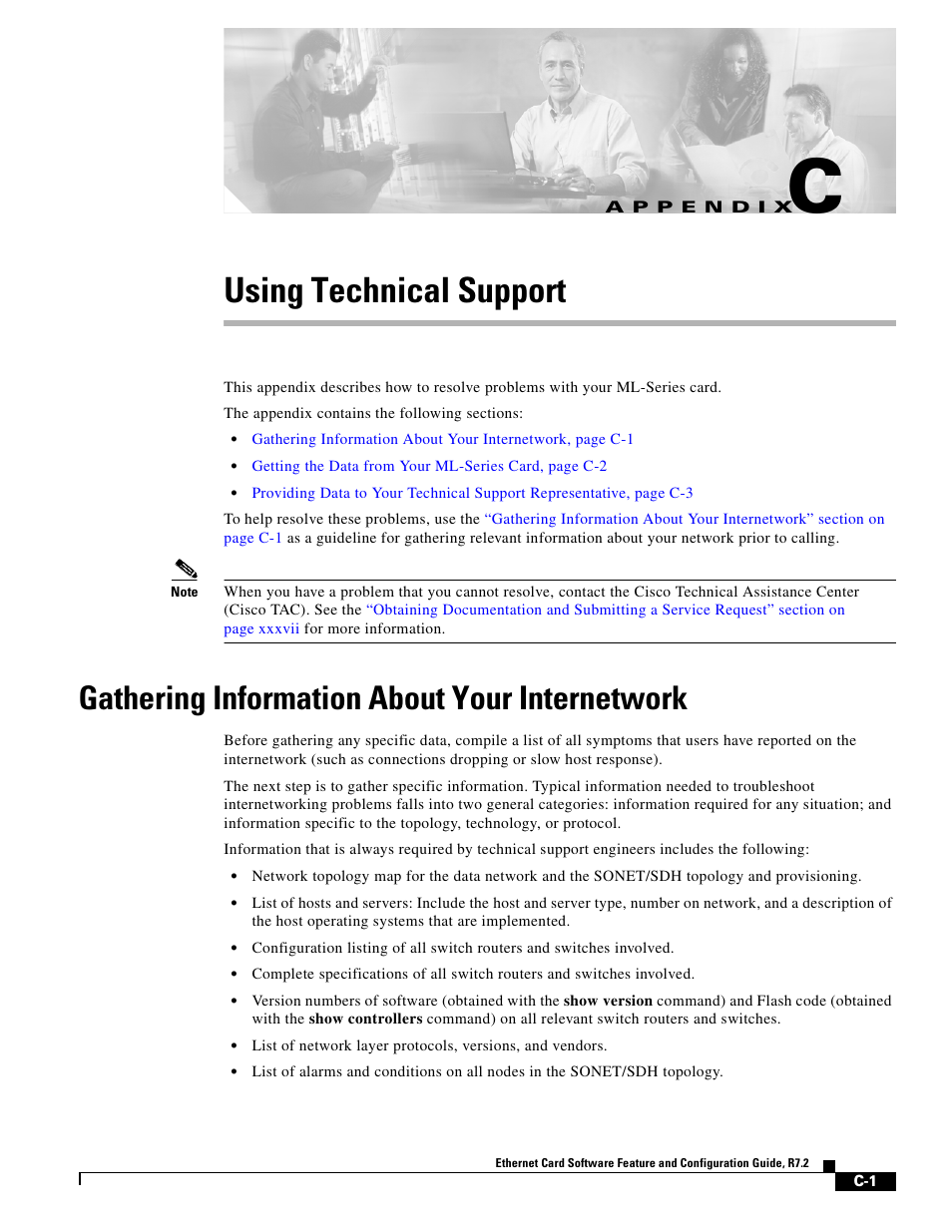 Using technical support, Gathering information about your internetwork, A p p e n d i x | Appendix c, “using technical support | Cisco 15327 User Manual | Page 567 / 584