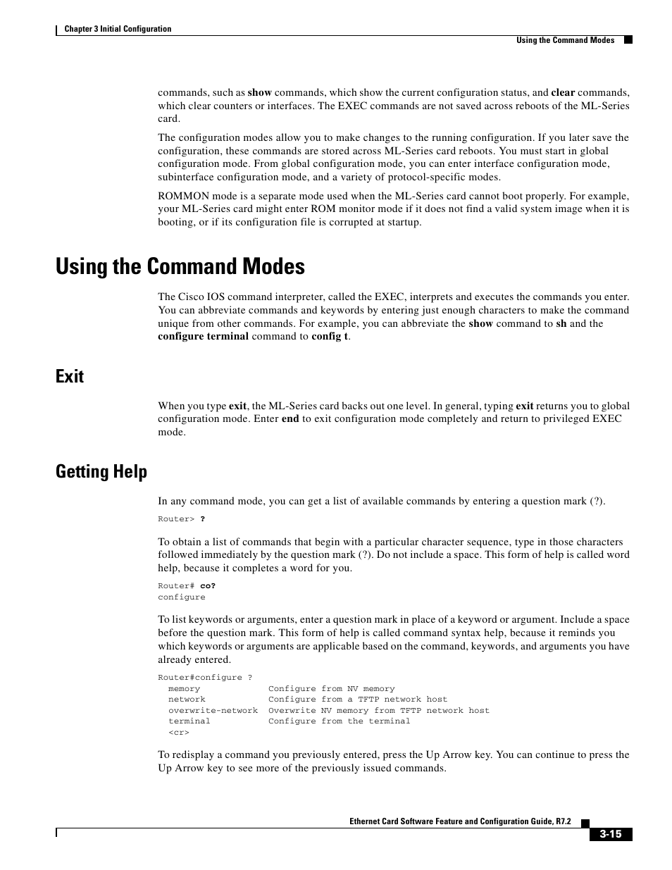 Using the command modes, Exit, Getting help | Cisco 15327 User Manual | Page 65 / 584