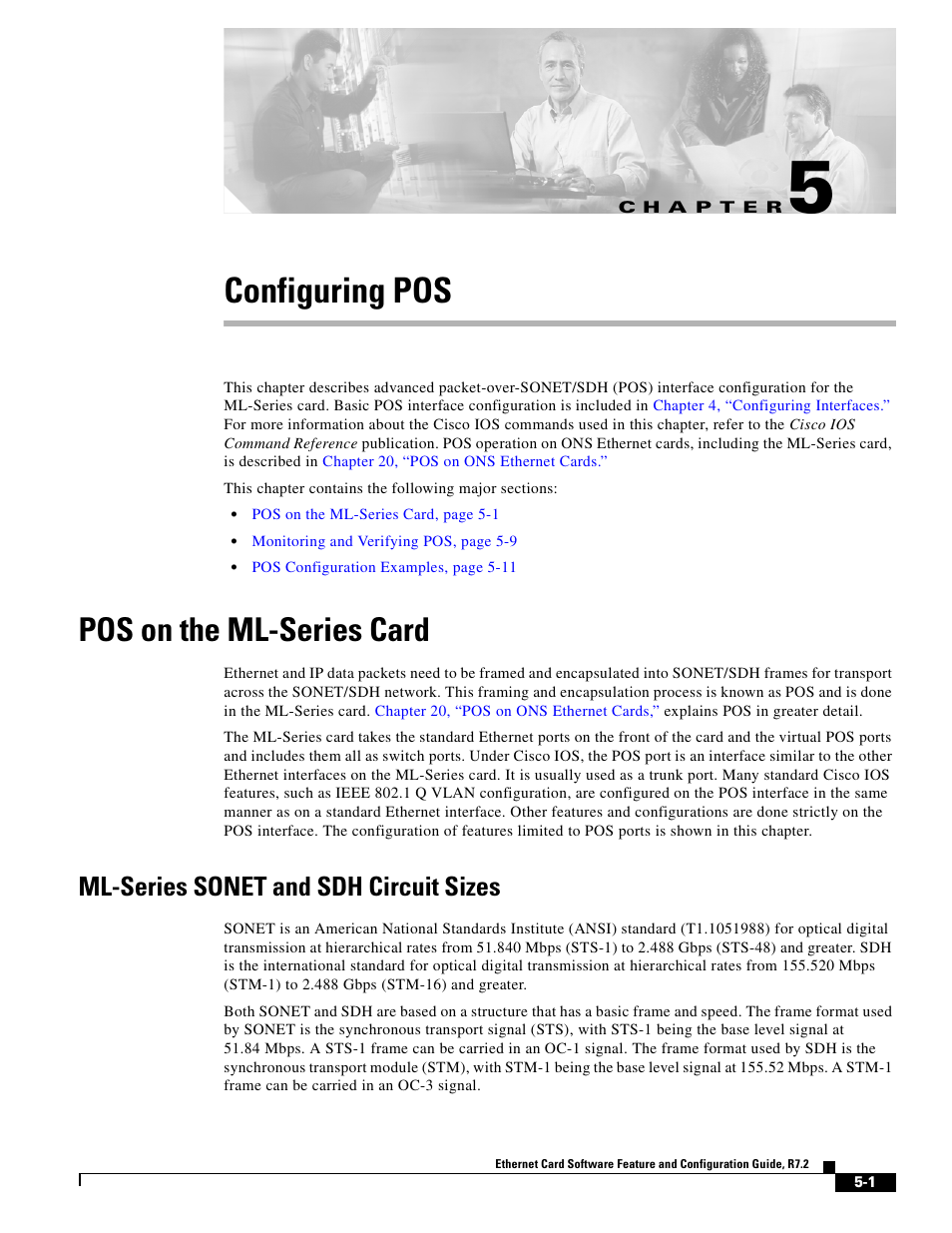 Configuring pos, Pos on the ml-series card, Ml-series sonet and sdh circuit sizes | C h a p t e r, Chapter 5, “configuring pos | Cisco 15327 User Manual | Page 81 / 584