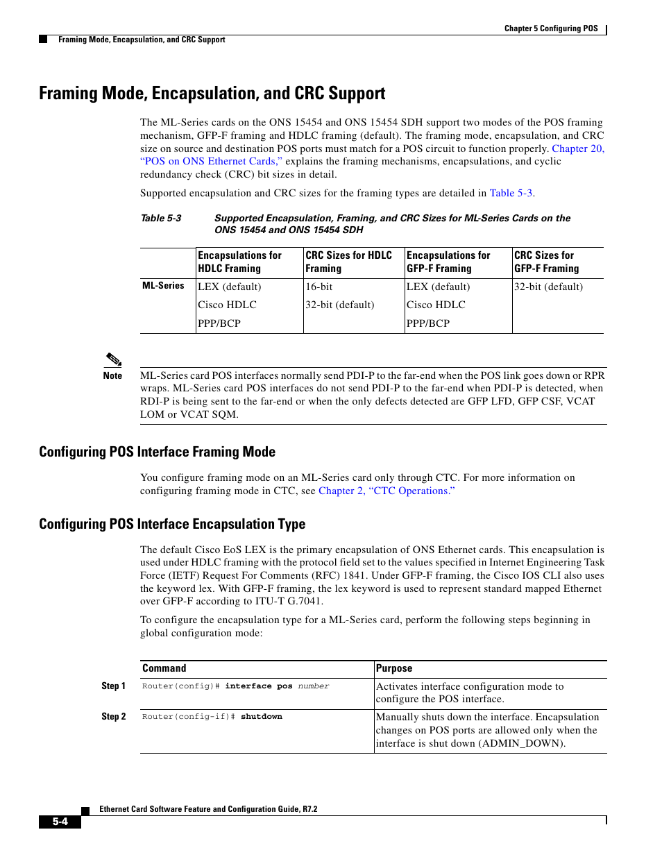 Framing mode, encapsulation, and crc support, Configuring pos interface framing mode, Configuring pos interface encapsulation type | Table 5-3 | Cisco 15327 User Manual | Page 84 / 584