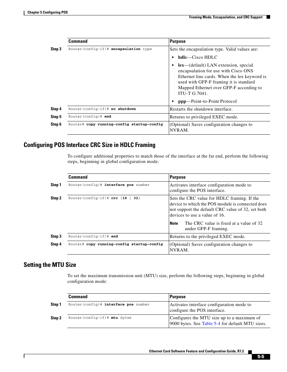 Configuring pos interface crc size in hdlc framing, Setting the mtu size | Cisco 15327 User Manual | Page 85 / 584