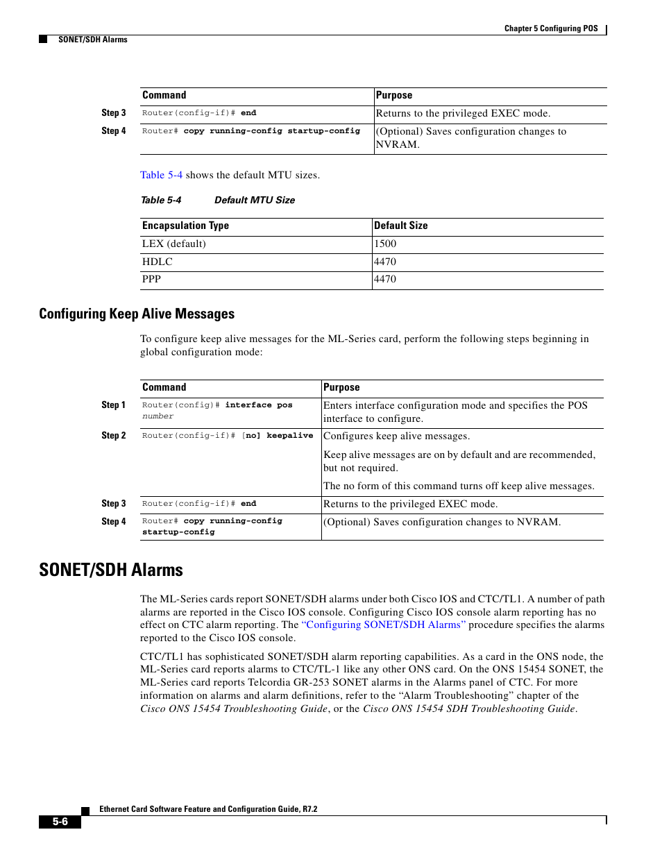 Configuring keep alive messages, Sonet/sdh alarms, Table 5-4 | Cisco 15327 User Manual | Page 86 / 584