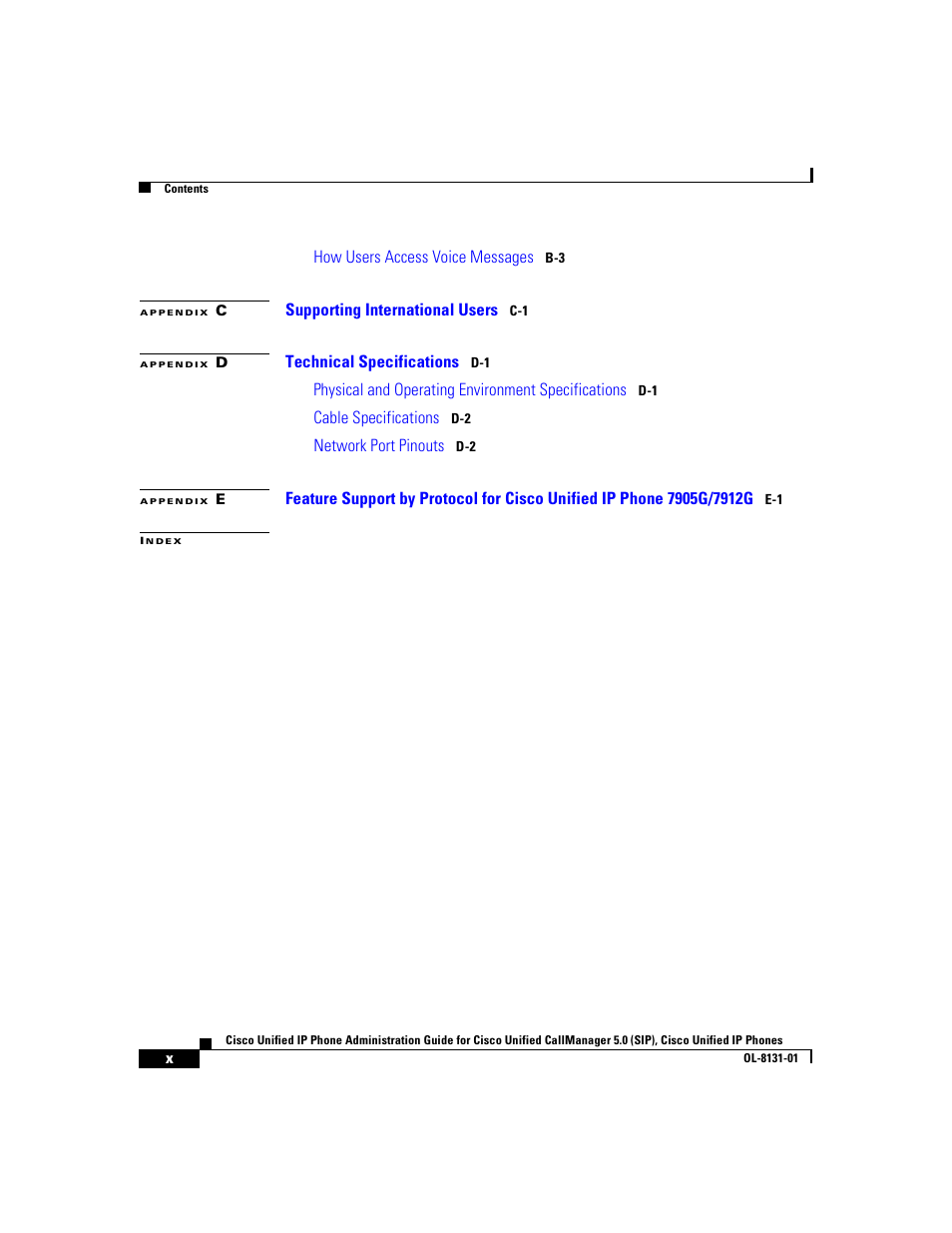 How users access voice messages, Supporting international users, Technical specifications | Physical and operating environment specifications, Cable specifications, Network port pinouts | Cisco 7912G User Manual | Page 10 / 188