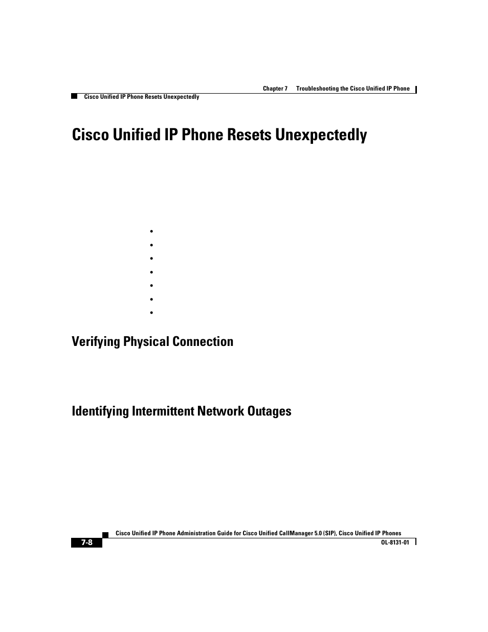 Cisco unified ip phone resets unexpectedly, Verifying physical connection, Identifying intermittent network outages | Cisco 7912G User Manual | Page 112 / 188