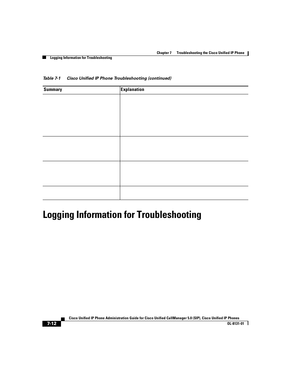 Logging information for troubleshooting | Cisco 7912G User Manual | Page 116 / 188