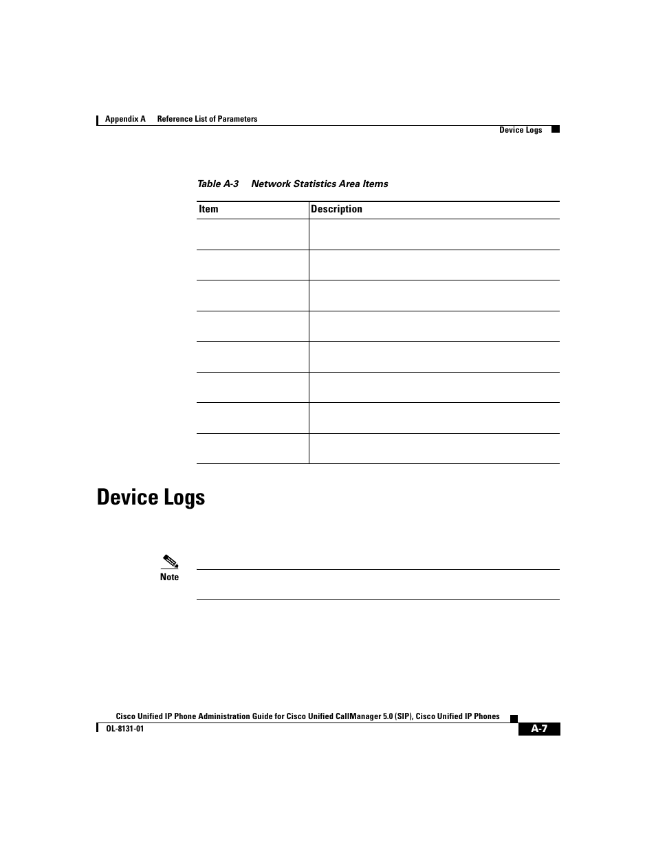 Device logs, Device logs” section on, Table a-3 | Cisco 7912G User Manual | Page 129 / 188