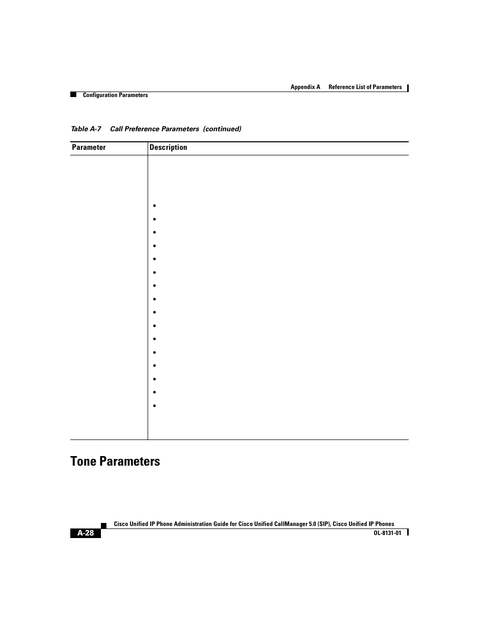 Tone parameters, Tone parameters” section | Cisco 7912G User Manual | Page 150 / 188