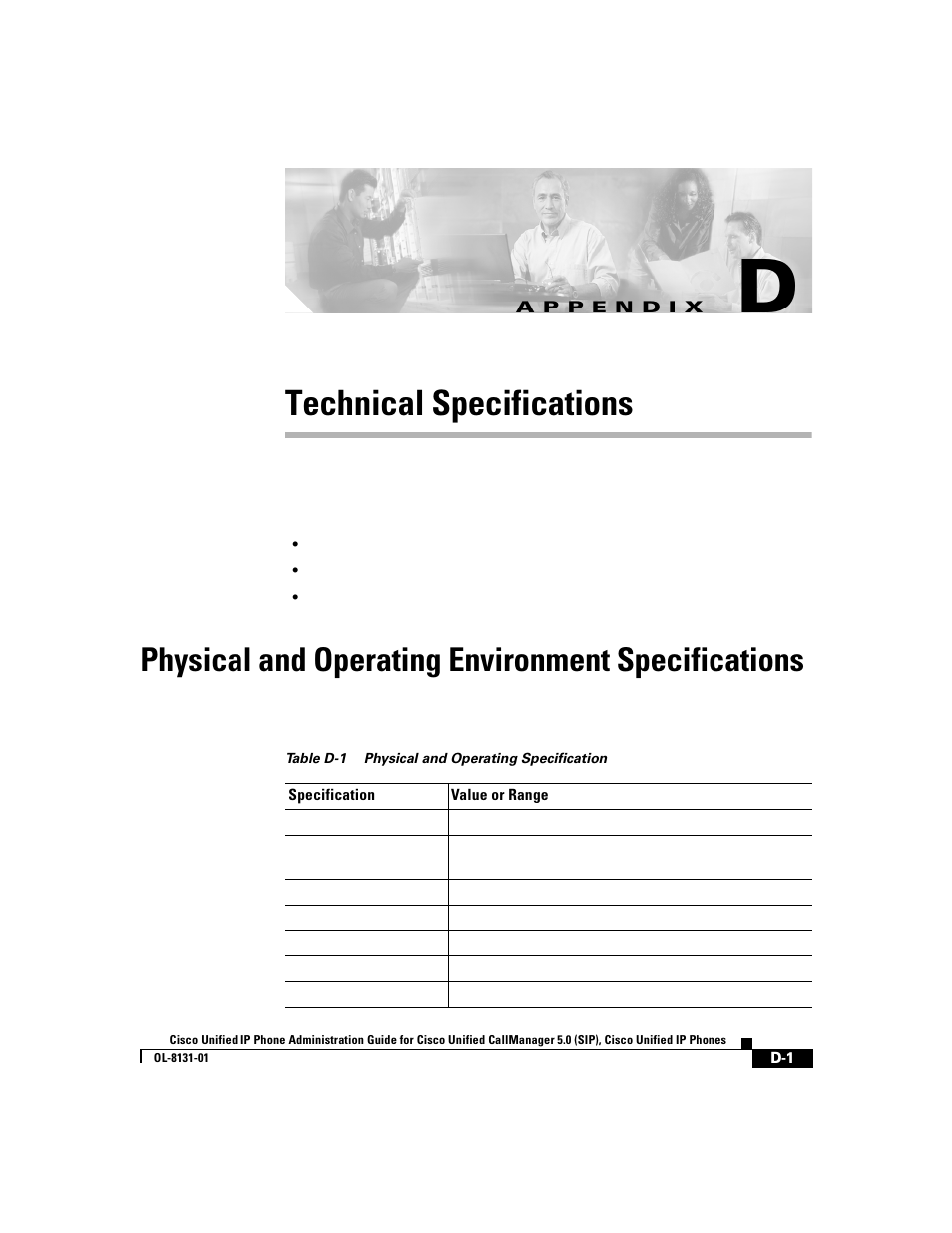 Technical specifications, Physical and operating environment specifications, A p p e n d i x | Appendix d, “technical specifications | Cisco 7912G User Manual | Page 165 / 188