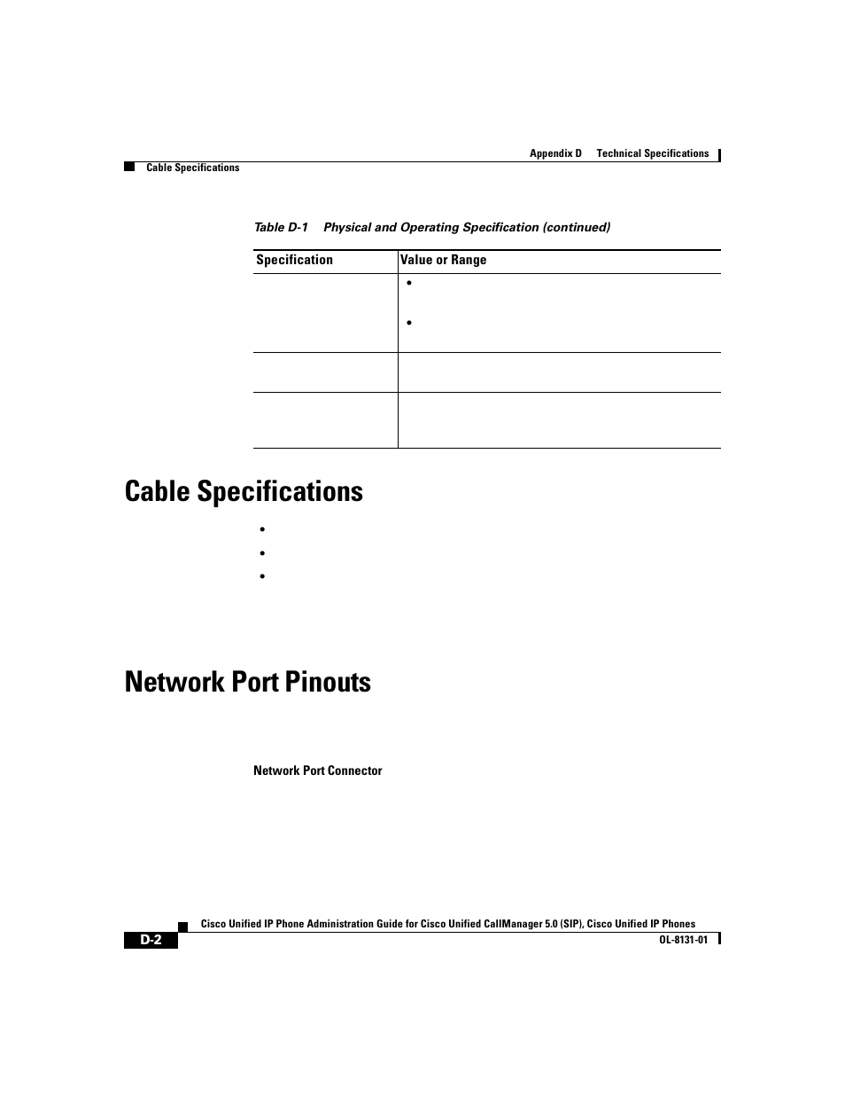 Cable specifications, Network port pinouts | Cisco 7912G User Manual | Page 166 / 188