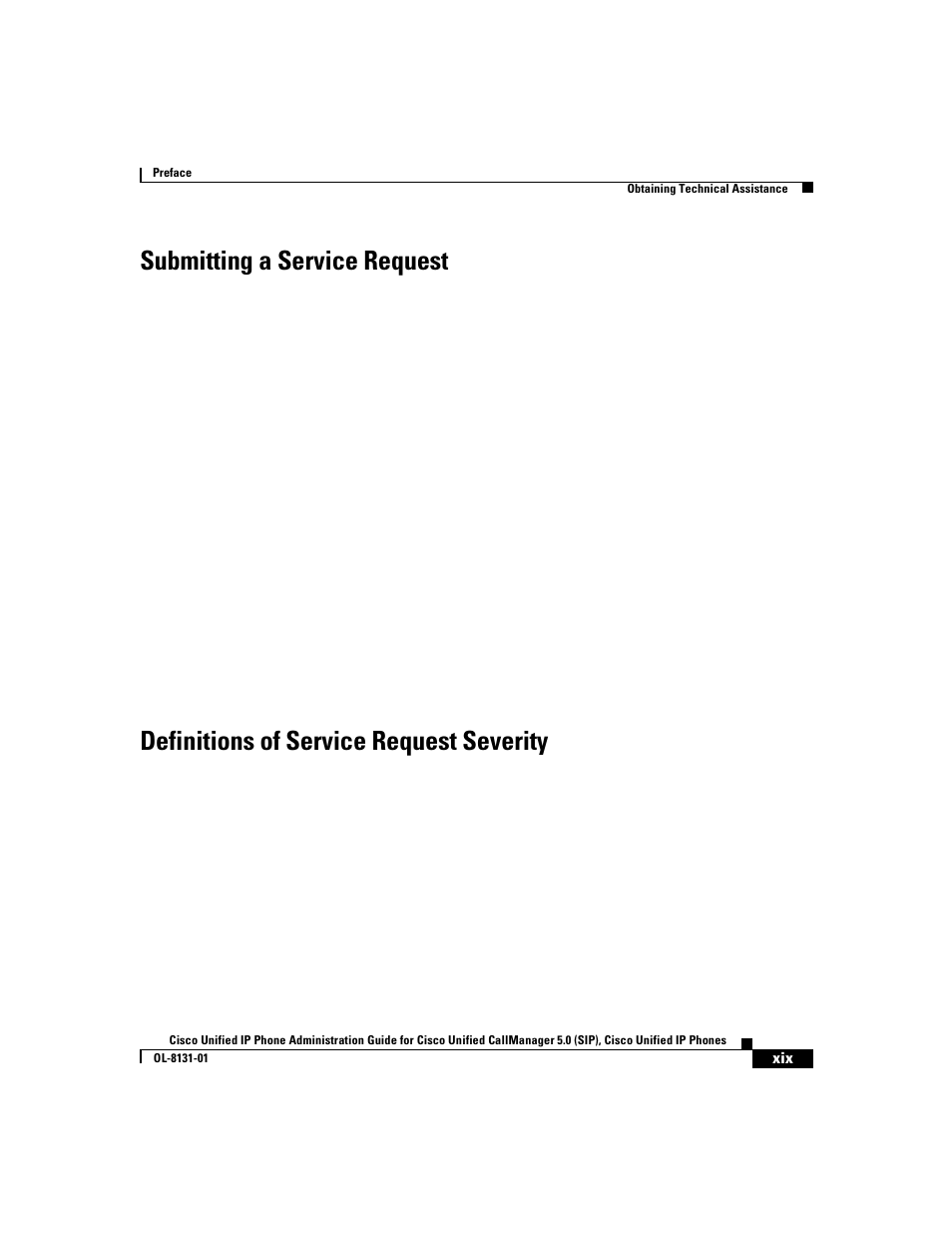 Submitting a service request, Definitions of service request severity | Cisco 7912G User Manual | Page 19 / 188