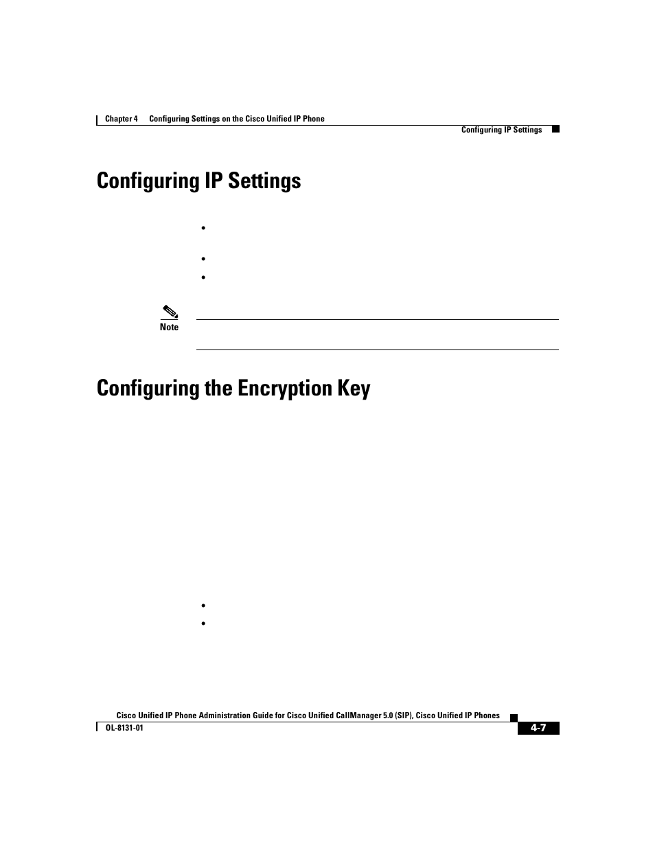 Configuring ip settings, Configuring the encryption key, Configuring the encryption key” section on | Configuring ip | Cisco 7912G User Manual | Page 81 / 188