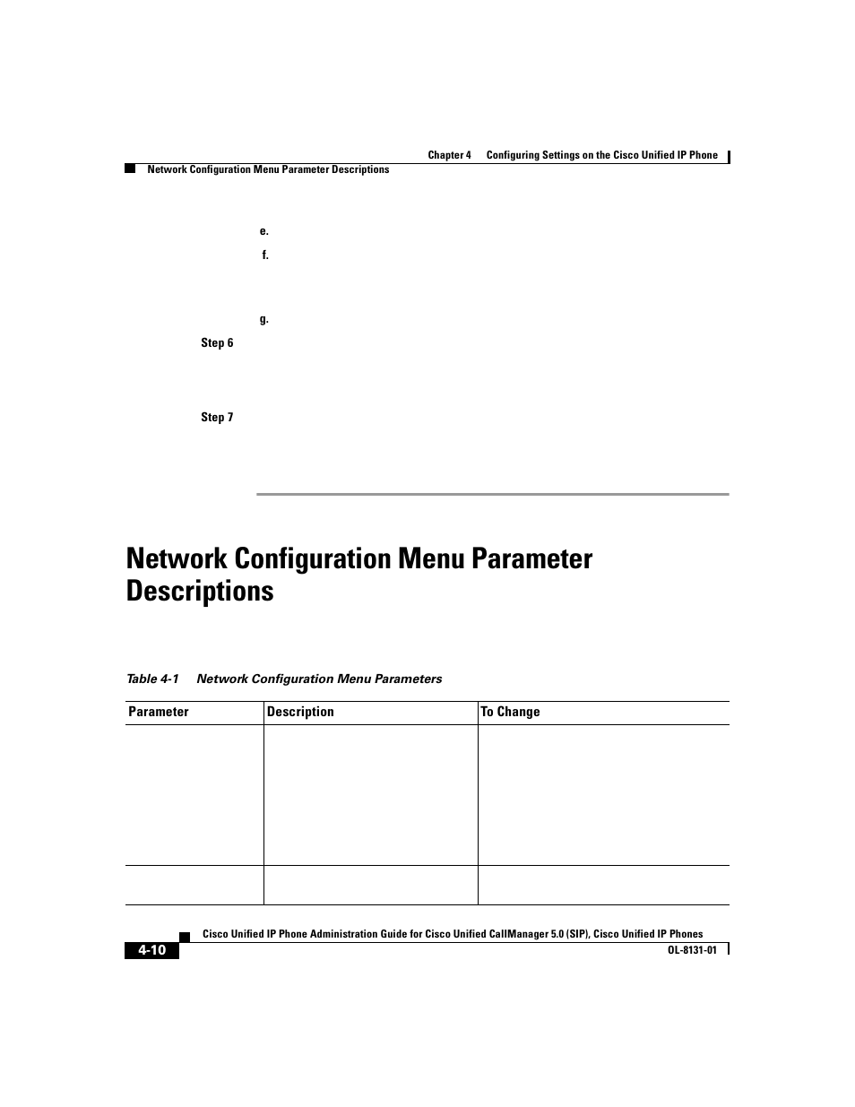 Network configuration menu parameter descriptions, Network, Table 4-1 on | Cisco 7912G User Manual | Page 84 / 188