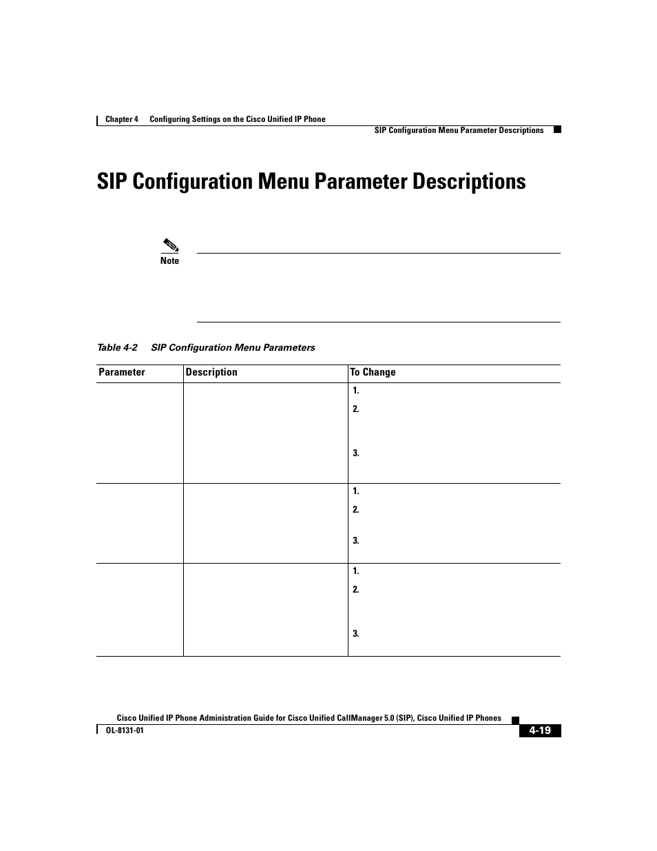 Sip configuration menu parameter descriptions | Cisco 7912G User Manual | Page 93 / 188