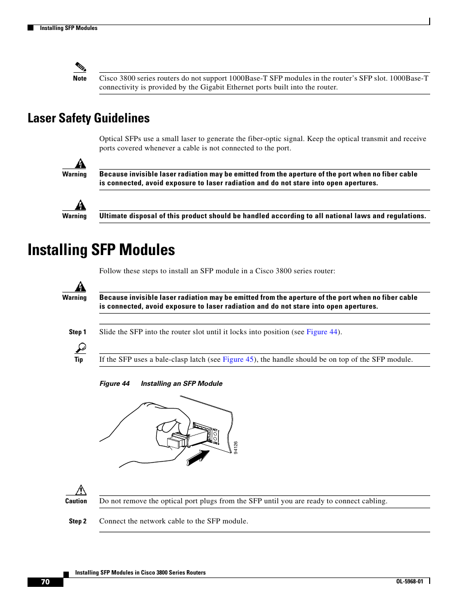 Laser safety guidelines, Installing sfp modules | Cisco 3800 Series User Manual | Page 100 / 138