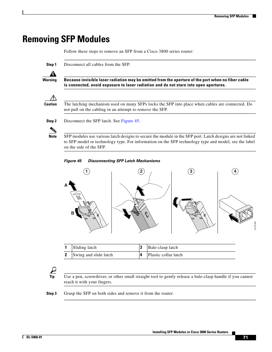 Removing sfp modules | Cisco 3800 Series User Manual | Page 101 / 138