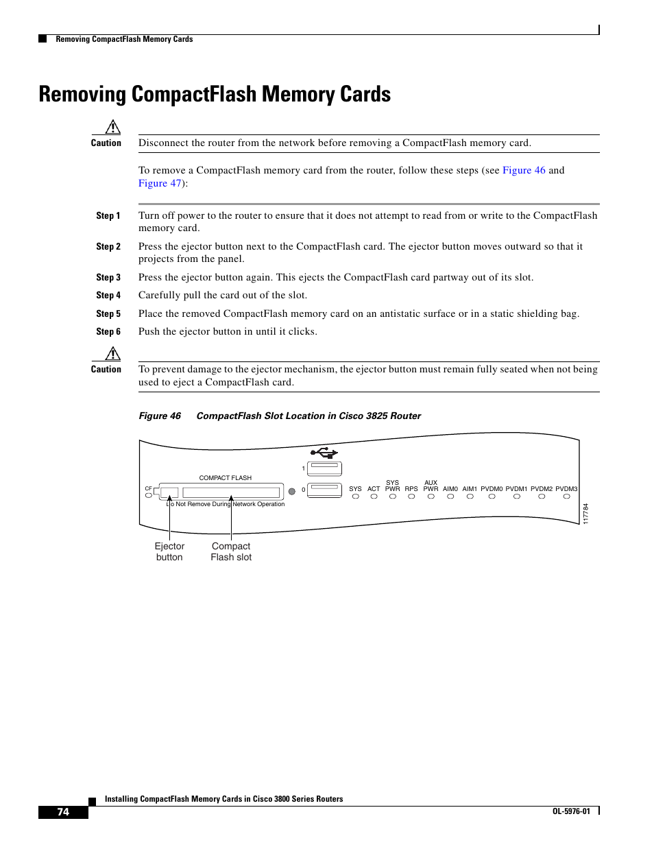 Removing compactflash memory cards | Cisco 3800 Series User Manual | Page 104 / 138