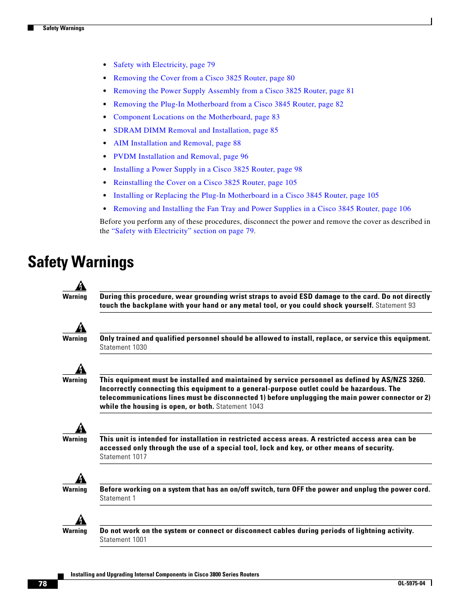 Safety warnings | Cisco 3800 Series User Manual | Page 108 / 138