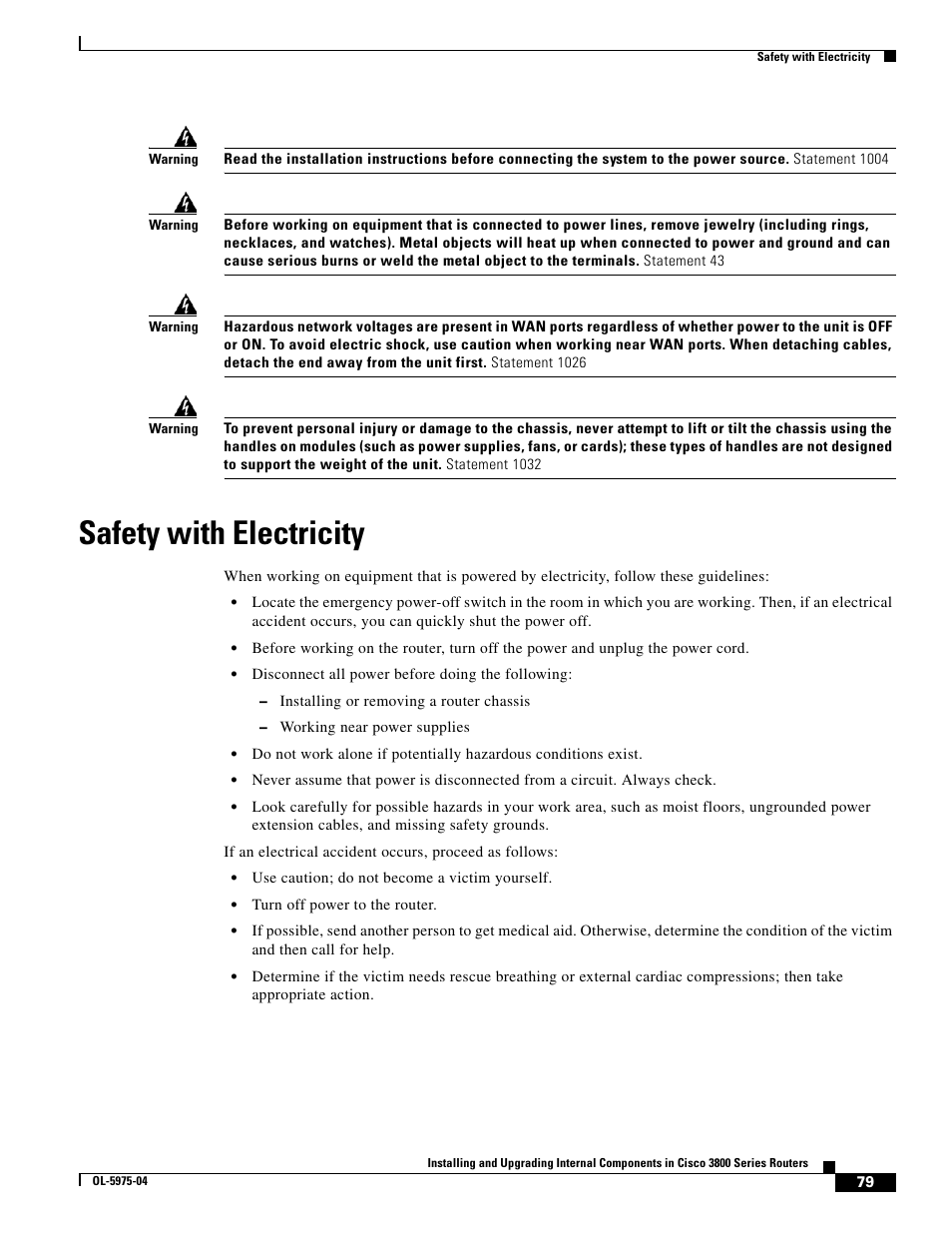 Safety with electricity | Cisco 3800 Series User Manual | Page 109 / 138